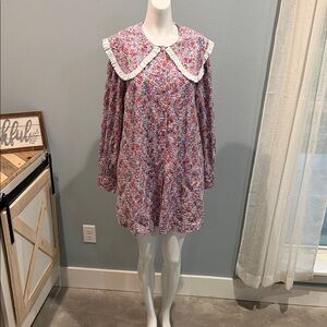 Anthropologie Multicolor Floral Dress with Ruffled Collar 100% cotton Spring